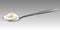 Metal spoon with yogurt or cream. Vector realistic illustration isolated on grey background