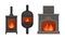 Metal and Stone Fireplace or Hearth with Mantelpiece and Burning Fire Vector Set