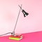 A metal table lamp stands on two notebooks on a pink background.