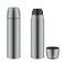 Metal thermos or vacuum flask realistic set. Dewar bottle open and closed mockups