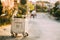 Metal Waste Container On Wheels In Street During Summer Sunny Evening. Container For Temporarily Storing Waste. Dustbin