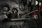 Metal watering can for engine oil stands in the cabin of an old steam locomotive, background