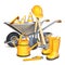 Metal wheelbarrow with orange construction tools 3D