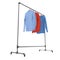 Metall Clothing Display Rack with Shirts on white. 3D illustration