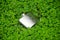 Metall hip flask on green grass