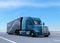 Metallic blue Fuel Cell Powered American Truck driving on highway