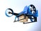 Metallic blue VTOL drone carrying delivery package flying in the sky