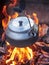 Metallic coffee pot in campfire heat