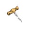 Metallic corkscrew with wooden handle for removing cork from wine bottle.