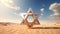 Metallic David star in the sand of desert. Shiny 3D Israel symbol of Magen David. Generated AI.
