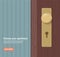 Metallic door handle and lock on a classic wooden door. Home