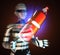 Metallic fire extinguisher on futuristic hologram