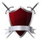 Metallic glittering red shield and two swords with ribbon placed on white background