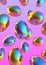 Metallic glossy easter eggs levitation in gradient neon pastel light.