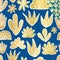 Metallic gold foil abstract succulent, cactus, desert plants on blue repeating background. Summer collage seamless