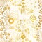 Metallic gold foil flower field on white seamless vector pattern. Repeating golden liberty doodle flower meadow