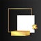 Metallic golden stage with floating geometrical forms, square with paper platform, realistic minimal background, 3d scene on black