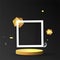 Metallic golden stage with floating geometrical forms, square with paper platform, realistic minimal background, 3d scene on black