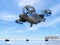 Metallic gray Passenger Drone Taxi takeoff from helipad