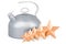 Metallic kettle with five golden stars. 3D rendering