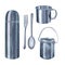 Metallic mug, bucket, spoon, fork, thermos. Steel cup, cauldron, travel mug for camping. Kitchenware. Watercolor