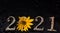 Metallic numbers 2021 in yellow flower on dark background