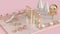 metallic pink,rose gold,gold white pearl 3d abstract playground with trees 3d render