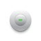 Metallic push button with green led light on white background