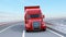 Metallic red Fuel Cell Powered American Truck driving on highway