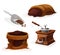 Metallic scoop, wooden grinder, hemp bags w coffee