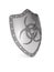 Metallic shield with symbol biohazard on white background. Isolated 3D illustration