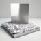 Metallic silver podium on a sea of smooth stones, high-detailed photorealistic mockup AI generation