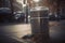 Metallic trash bin on urban street closeup photo. Generate ai