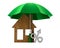 Metallic trinket house and percent under umbrella on white background. isolated 3d illustration