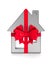 Metallic trinket house with red bow on white background. isolated 3d illustration