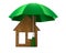 Metallic trinket house under umbrella on white background. isolated 3d illustration