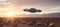 Metallic UFO flying over the desert at sunset. Generative AI