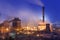 Metallurgical plant at night. Steel factory with smokestacks