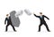 Metaphor of a businessman throwing his work bricks to his colleague which is protecting himself with a shield. Concept of corpora