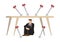 Metaphor of stress businessman hiding under a table from arrows. Concept of corporate crisis, bad office culture or corporate