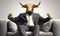 Metaphore of businessman with cow head. Bullish trend of stock market concept