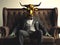 Metaphore of businessman with cow head. Bullish trend of stock market concept