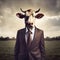 Metaphore of strong businessman cow head isolated on landscape