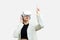 Metaverse, asian woman in white jacket wearing virtual reality glasses and pointing