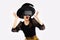 Metaverse concept and halloween theme young asian woman in black shirt wearing vr goggles glasses posing surprising exciting