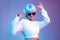 Metaverse and cyborg concept., Young asian woman wearing retro sunglasses posing dancing on the purple wall background