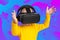 Metaverse digital 3d cyber space concept. Cute little girl with virtual reality VR head set playing colorful AR augmented reality