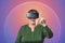 Metaverse. Futusistic technology. Portrait of caucasian senior woman in VR glasses. Pink background with neon grid and