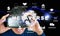 Metaverse. A man wearing VR glasses enters Metaverse through a goggle. The use of virtual and augmented reality technology. The