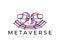 Metaverse, man and woman wearing virtual reality glasses, logo design. Cyberspace, VR, digital world and blockchain, vector design